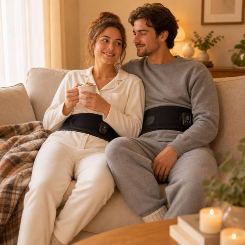 Couple cosy sur un canapé avec la ceinture chauffante BB WARM